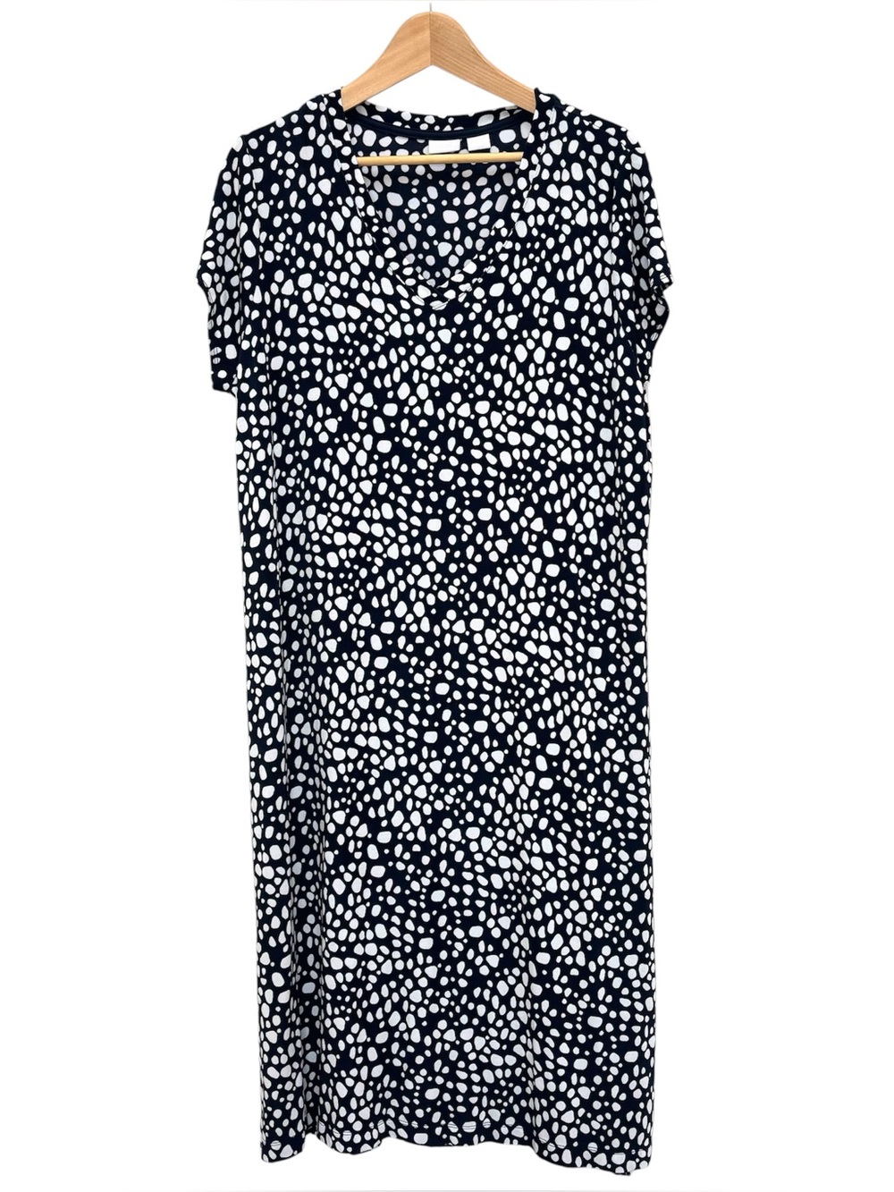 Chico's Travelers Knit V Neck Shift Midi Dress Size 3  / XL Navy White Dot Print